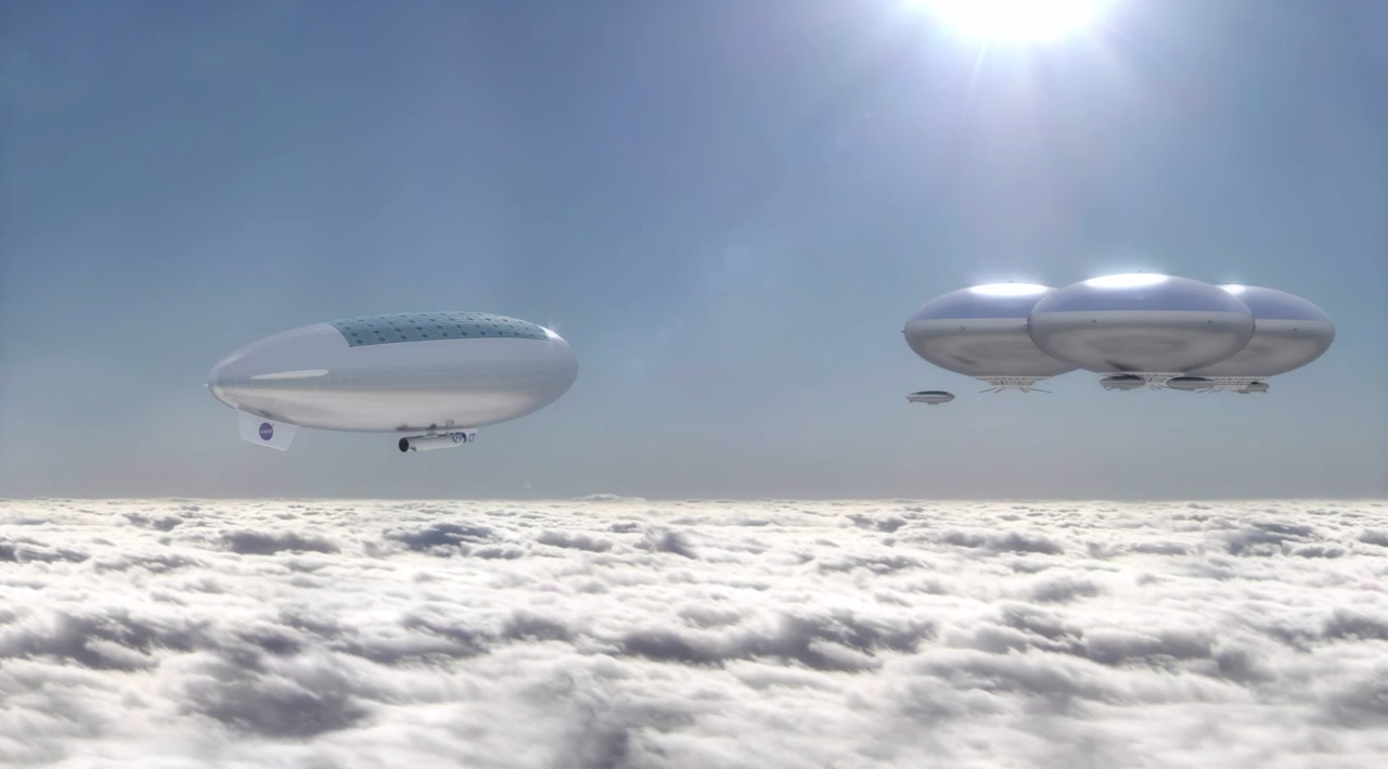 Secondo la proposta HAVOC una serie di dirigibili connessi formerebbero degli habitat fluttuanti. Immagine: NASA